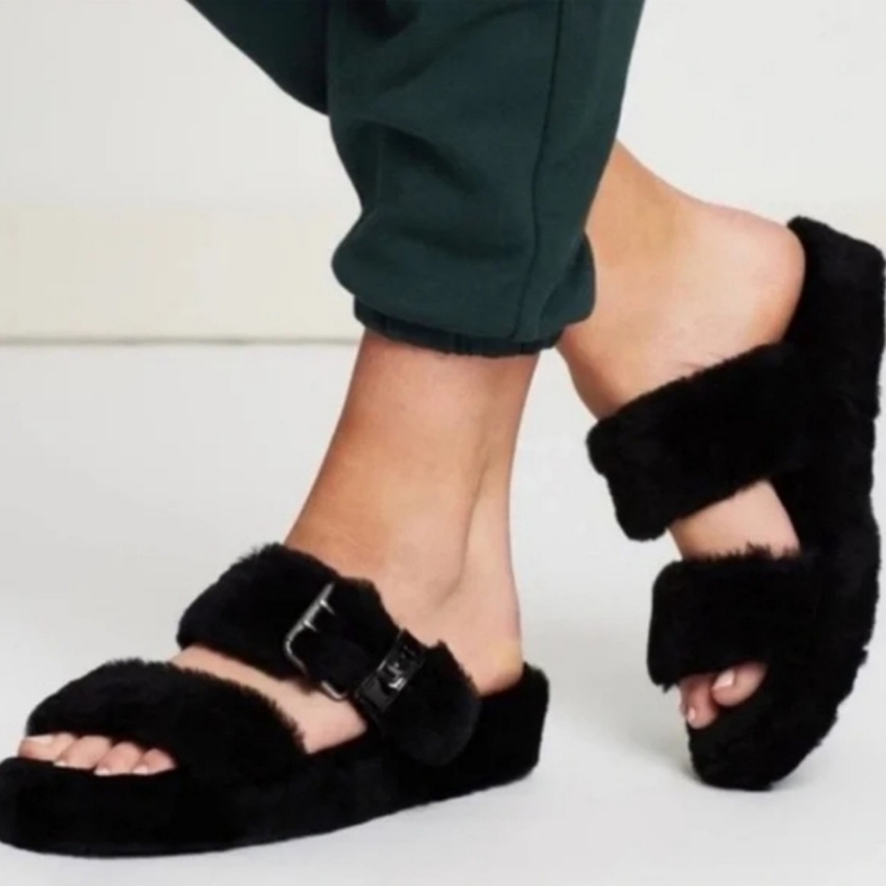 Koolaburra by UGG Fur-ah Black Faux Fur Slide Sandals Women’s Size 7 Buckle - Picture 1 of 10